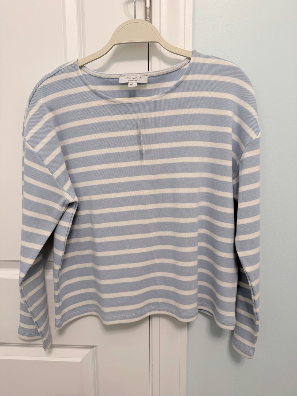 Ann Taylor Pastel Blue & White Striped Long Sleeve Top 100% Cotton NWT